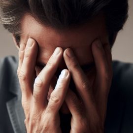 A man with low mood and anxiety, burying his face in his hands.